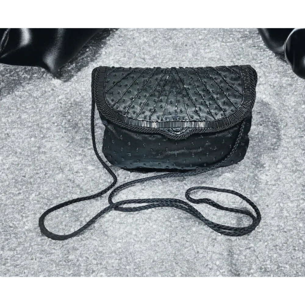 Vintage Black Satin Beaded Bag